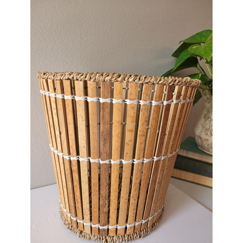 Vintage Handwoven Tortoiseshell Bamboo Rattan Wastebasket